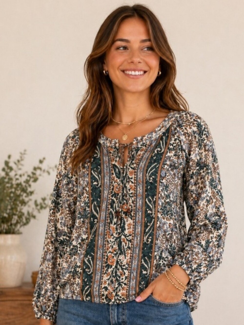 Mason & Belle Paisley Floral Top Boho Large Stretch 3/4 Sleeve Orange Cream